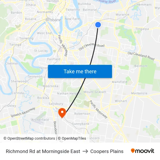 Richmond Rd at Morningside East to Coopers Plains map