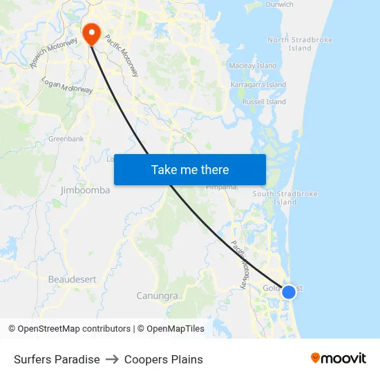Surfers Paradise to Coopers Plains map