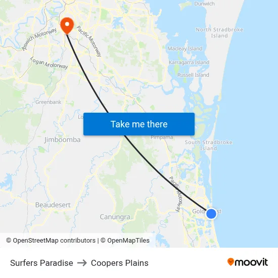 Surfers Paradise to Coopers Plains map