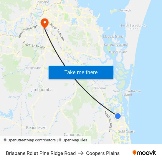 Brisbane Rd at Pine Ridge Road to Coopers Plains map