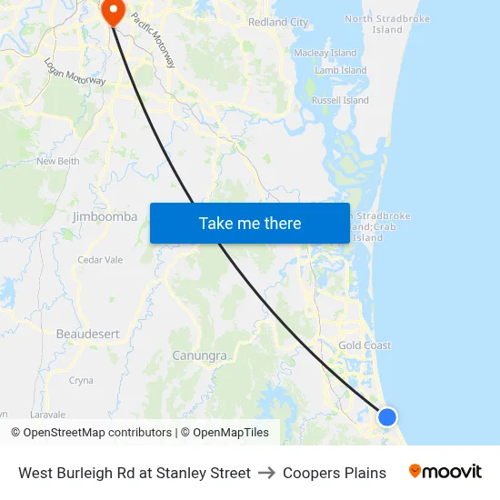 West Burleigh Rd at Stanley Street to Coopers Plains map