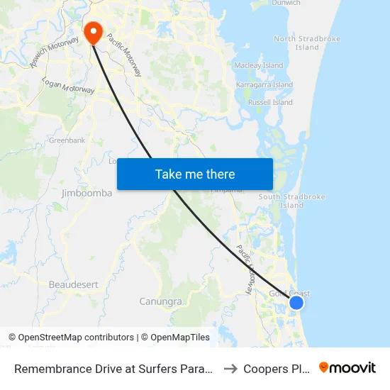 Remembrance Drive at Surfers Paradise Bvd to Coopers Plains map