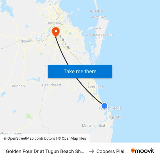 Golden Four Dr at Tugun Beach Shops to Coopers Plains map