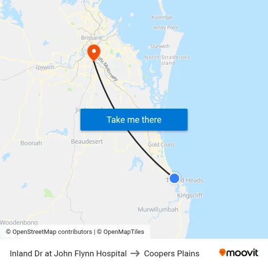Inland Dr at John Flynn Hospital to Coopers Plains map