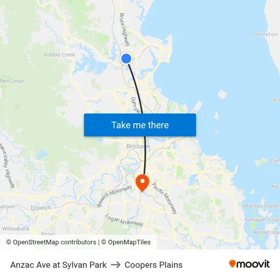Anzac Ave at Sylvan Park to Coopers Plains map