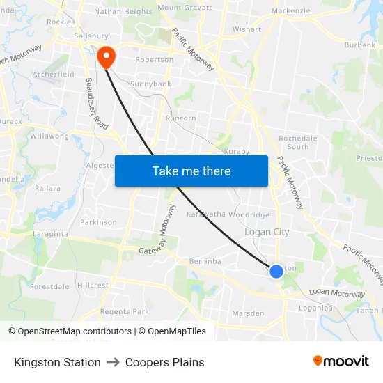 Kingston Station to Coopers Plains map