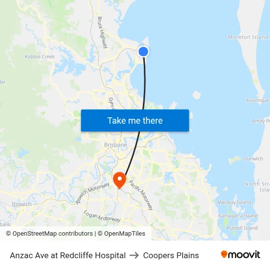 Anzac Ave at Redcliffe Hospital to Coopers Plains map