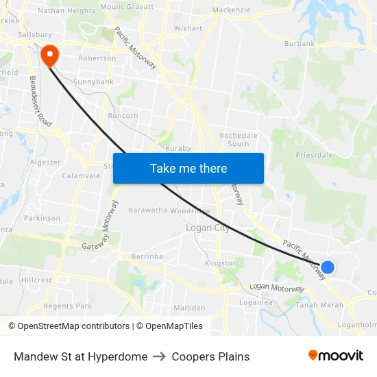 Mandew St at Hyperdome to Coopers Plains map