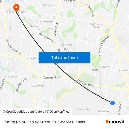Smith Rd at Lindley Street to Coopers Plains map