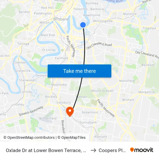 Oxlade Dr at Lower Bowen Terrace, Stop 19 to Coopers Plains map