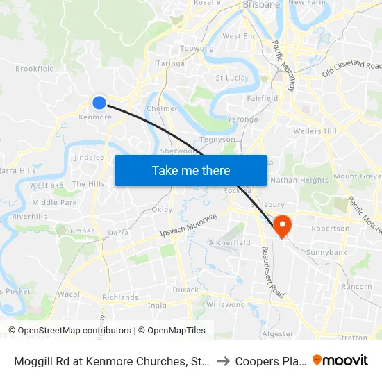 Moggill Rd at Kenmore Churches, Stop 34 to Coopers Plains map