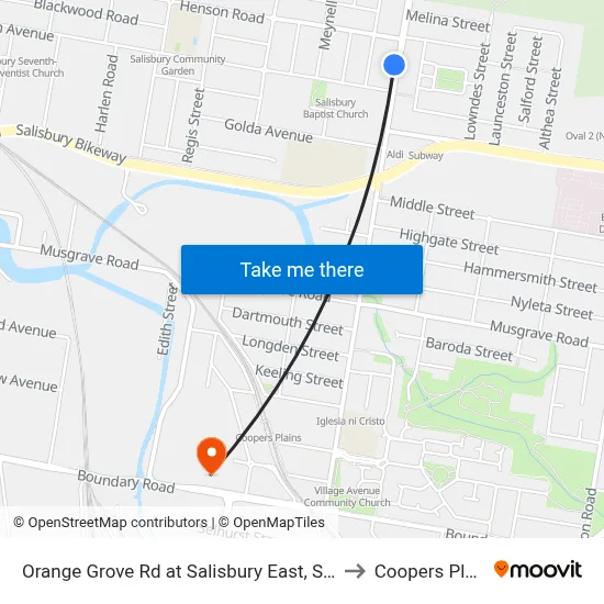 Orange Grove Rd at Salisbury East, Stop 51 to Coopers Plains map