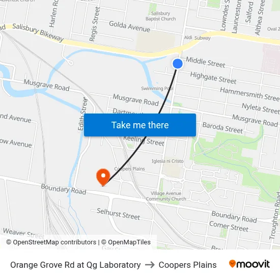 Orange Grove Rd at Qg Laboratory to Coopers Plains map