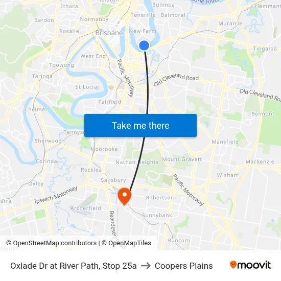 Oxlade Dr at River Path, Stop 25a to Coopers Plains map