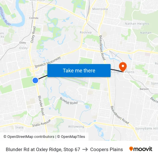 Blunder Rd at Oxley Ridge, Stop 67 to Coopers Plains map