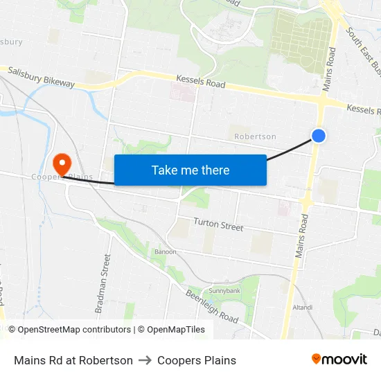 Mains Rd at Robertson to Coopers Plains map