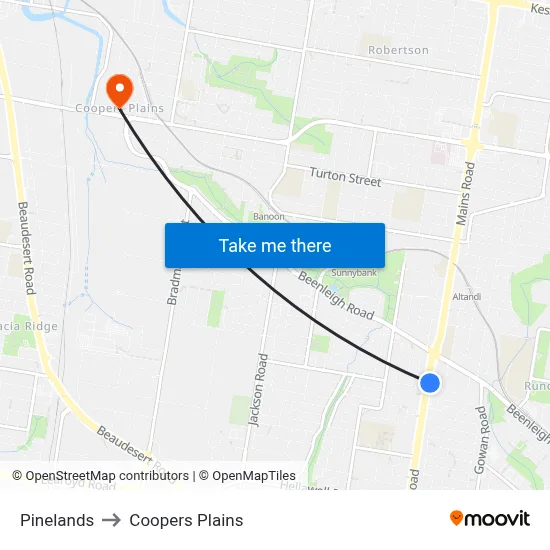 Pinelands to Coopers Plains map