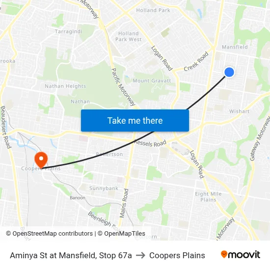Aminya St at Mansfield, Stop 67a to Coopers Plains map