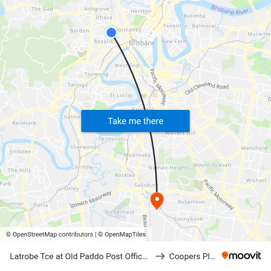 Latrobe Tce at Old Paddo Post Office, Stop 8 to Coopers Plains map