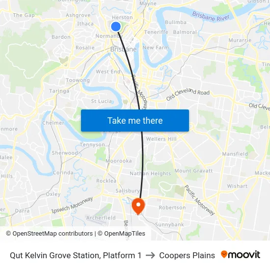 Qut Kelvin Grove Station, Platform 1 to Coopers Plains map