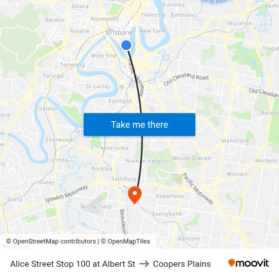 Alice Street Stop 100 at Albert St to Coopers Plains map