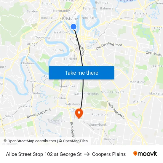 Alice Street Stop 102 at George St to Coopers Plains map