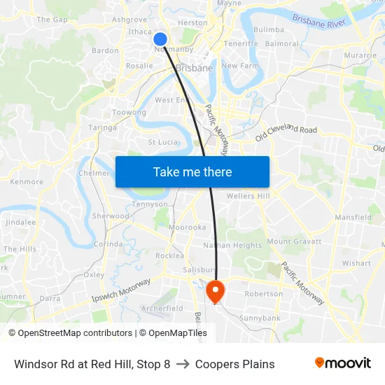 Windsor Rd at Red Hill, Stop 8 to Coopers Plains map