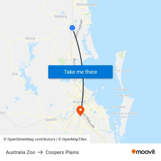 Australia Zoo to Coopers Plains map