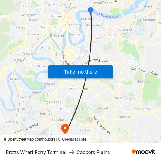 Bretts Wharf Ferry Terminal to Coopers Plains map