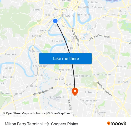 Milton Ferry Terminal to Coopers Plains map