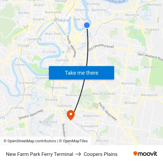 New Farm Park Ferry Terminal to Coopers Plains map