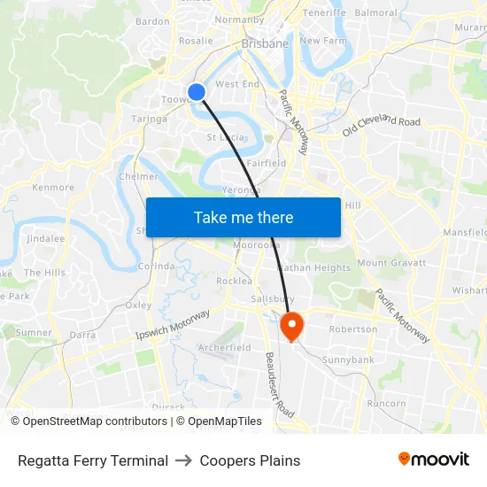 Regatta Ferry Terminal to Coopers Plains map