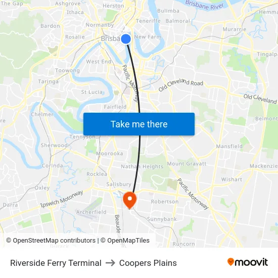 Riverside Ferry Terminal to Coopers Plains map