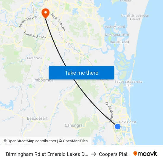 Birmingham Rd at Emerald Lakes Drive to Coopers Plains map