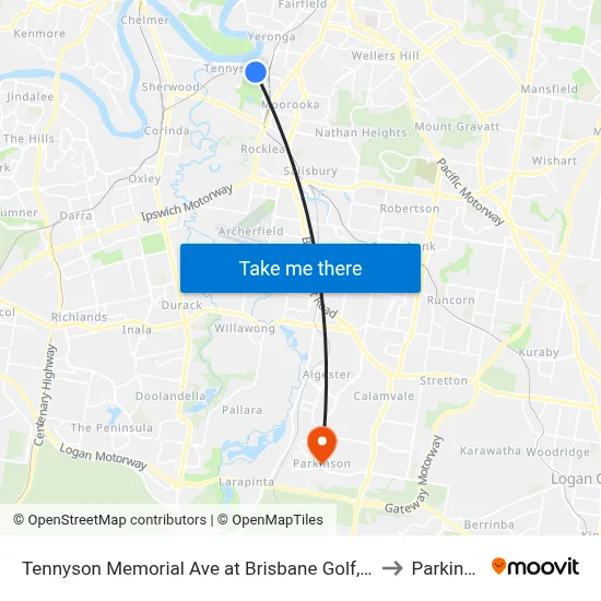 Tennyson Memorial Ave at Brisbane Golf, Stop 36 to Parkinson map