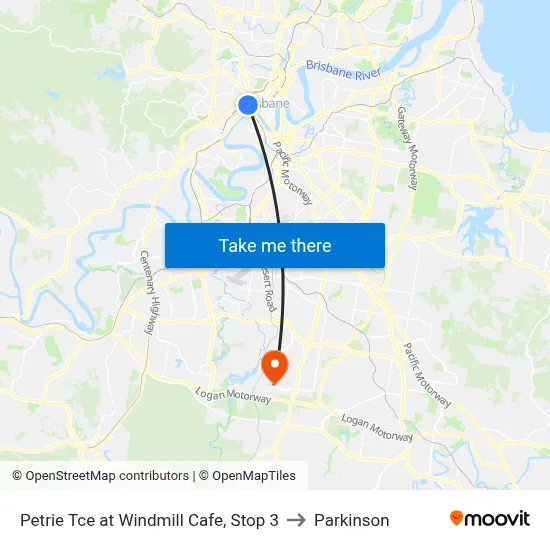 Petrie Tce at Windmill Cafe, Stop 3 to Parkinson map