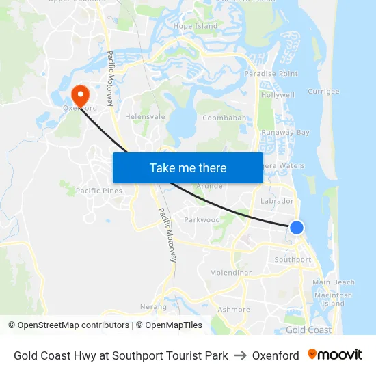 Gold Coast Hwy at Southport Tourist Park to Oxenford map