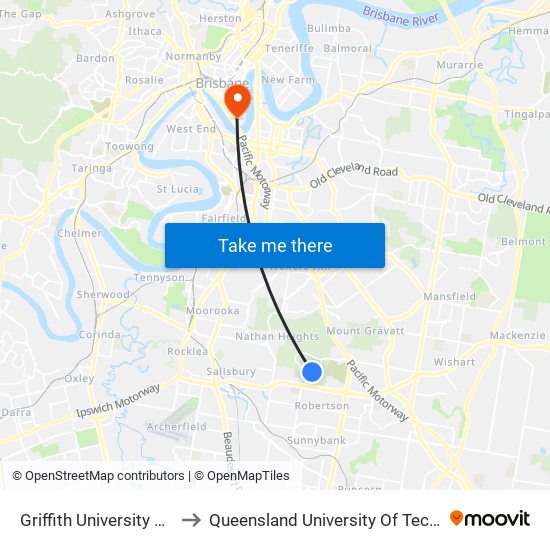 Griffith University Stop A to Queensland University Of Technology map