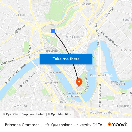 Brisbane Grammar Stop 4 to Queensland University Of Technology map