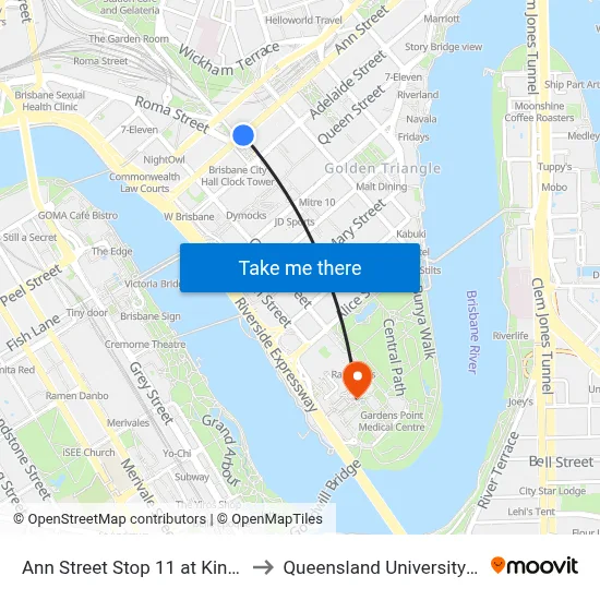 Ann Street Stop 11 at King George Square to Queensland University Of Technology map