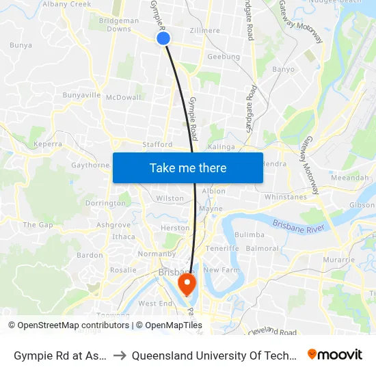 Gympie Rd at Aspley to Queensland University Of Technology map