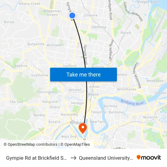 Gympie Rd at Brickfield Street, Stop 45/44 to Queensland University Of Technology map