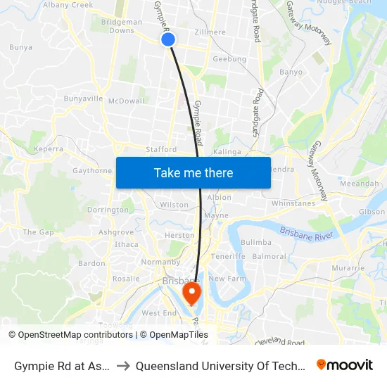 Gympie Rd at Aspley to Queensland University Of Technology map