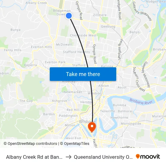 Albany Creek Rd at Bangalow Street to Queensland University Of Technology map