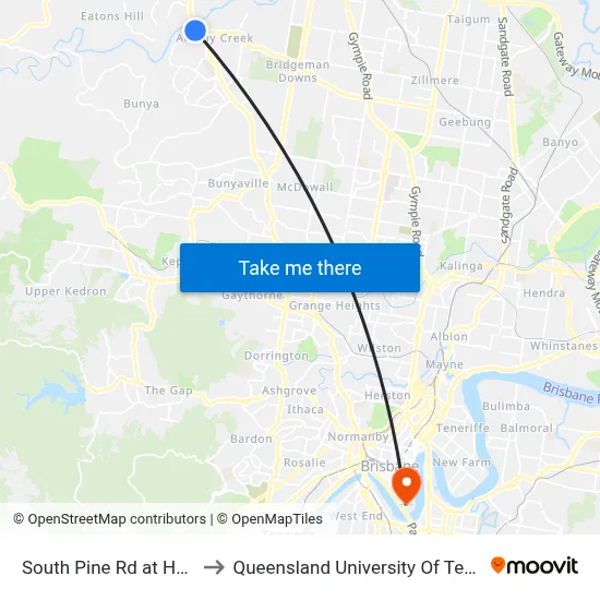 South Pine Rd at Hylacola to Queensland University Of Technology map