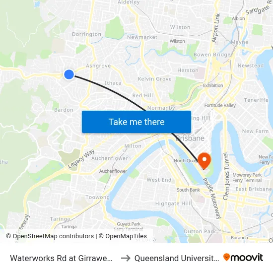Waterworks Rd at Girraween Grove, Stop 21/22 to Queensland University Of Technology map