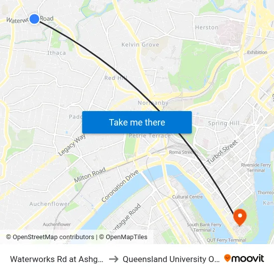 Waterworks Rd at Ashgrove, Stop 17 to Queensland University Of Technology map