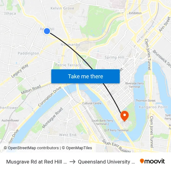 Musgrave Rd at Red Hill Shops, Stop 8 to Queensland University Of Technology map