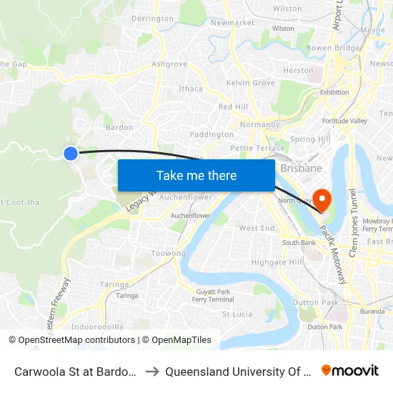 Carwoola St at Bardon, Stop 22 to Queensland University Of Technology map