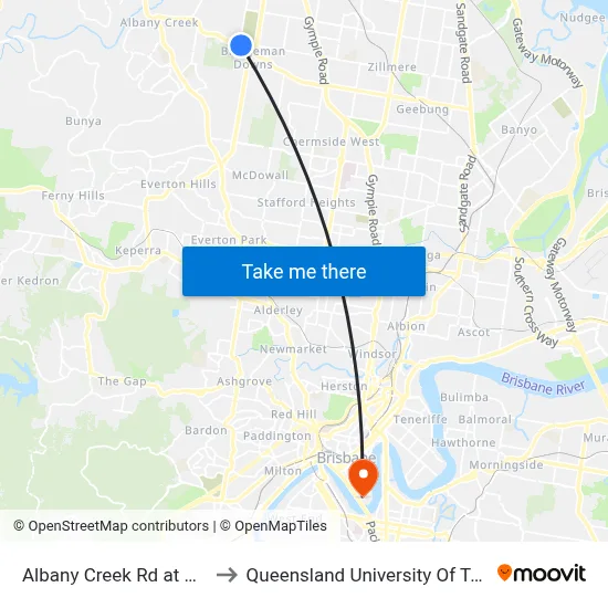 Albany Creek Rd at Pinnaroo to Queensland University Of Technology map